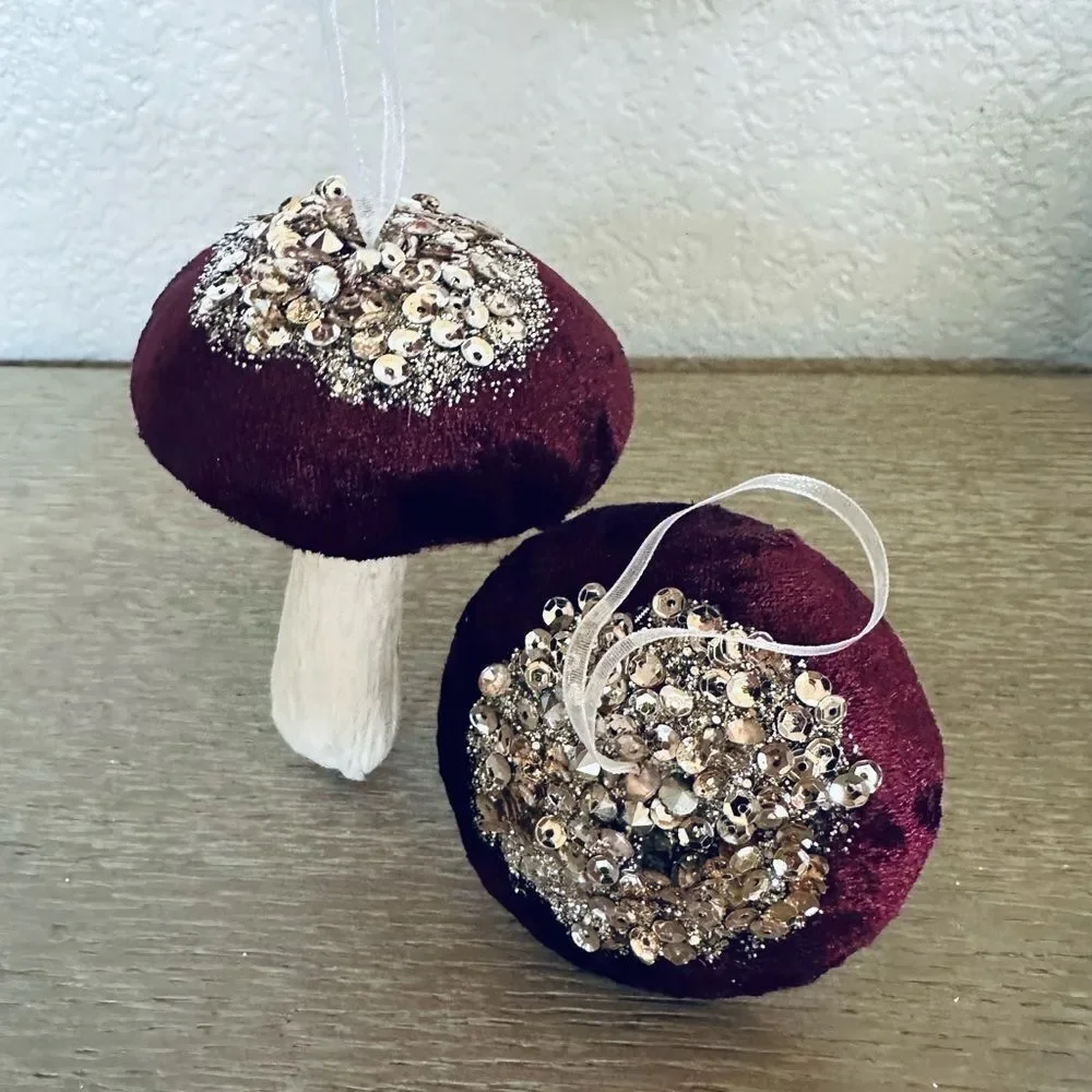 Maroon Red Velvet Gold Sequin Mushroom Holiday Christmas Ornaments Set